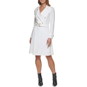 DKNY White Belted Long Sleeve Dress